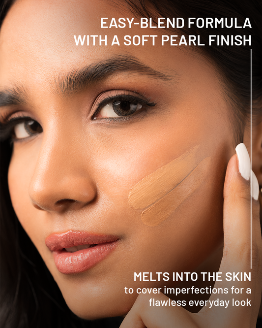 2-in-1 foundation coverage demonstrating even skin tone and natural blemish concealment