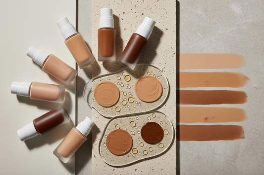 Several unbranded foundation bottles and finger-blended swatches arranged in a gradient from light to deep skin tones, designed for oily, acne-prone skin.