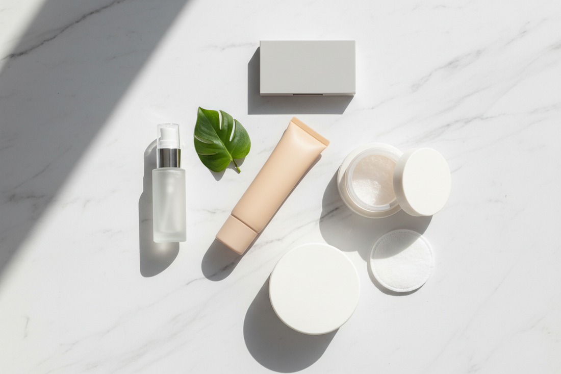 Flat-lay of Albon-style oil-control makeup essentials — vegan mousse foundation, multi-use palette, translucent powder, and blotting papers — for oily skin.