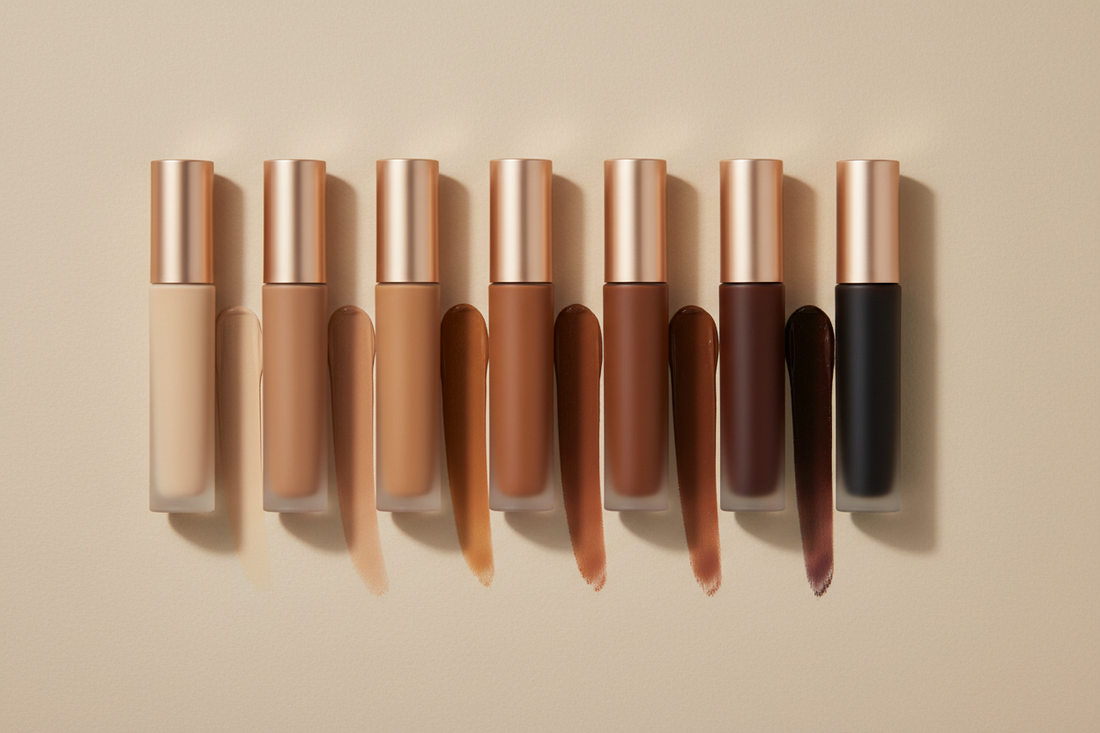 The warm, inclusive composition clearly conveys the idea of finding the perfect concealer shade.