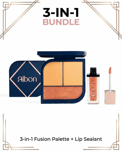 ALBON Flawless Fusion Combo | 3-in-1 Palette + Lip Sealant (Berry) | Complete Makeup Essentials